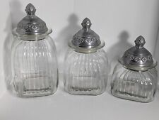 Vintage 3 Clear Artland Ribbed Apothecary Jar Canister Silver Tone Lids picture