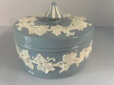 VTG Blue Wedgwood Queens Ware Embossed White Lidded Powder Bowl Vanity Box 5