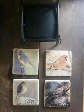 4 Bird Coasters Stoneware Square Cork Back Signed With Stand Cardinal Dove Wren picture