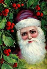 1909 Christmas Postcard Santa Purple Hat Blue Eyes St. Nicholas Embossed Germany picture