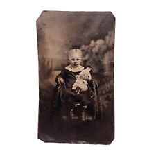 Antique Tintype Photo Blonde Girl Child Sitting Holding Doll Lace Up Boots picture