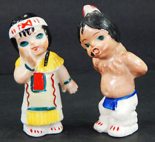VTG NATIVE AMERICAN INDIAN CHILDREN CERAMIC SALT & PEPPER SHAKERS HAND PAINTED picture