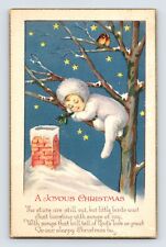 Postcard Christmas Little Boy Sleeping Tree Waiting Santa Night Sky 1924 Posted picture