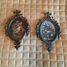 2 Vintage Small Oval Home Int Co Brass Filagree Picture Frame Flowers Print 4×6 picture