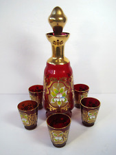 Vintage Italian Murano Glass Red Gold  3D Flowers Decanter & 5 Glasses picture