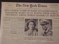 VINTAGE NEWSPAPER HEADLINE ~ KING GEORGE VI DEAD ELIZABETH QUEEN OF ENGLAND 1952 picture