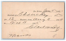 Des Moines Iowa IA Clarion IA Postal Card Received of Shuckay 1885 Antique picture