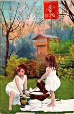 RPPC Hand Tinted Two Young Girls in Garden White Dresses Pic Nic P.U. 1907 Z-465 picture