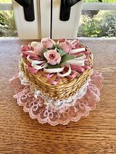 Vintage 80’s Wicker Lace Heart Shaped Basket Roses Pink Trinket Box picture