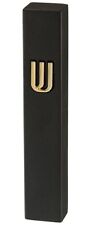 Modern Black Polymer Concrete Mezuzah Case - Gold Plated Shin - Jewish Home Gift picture