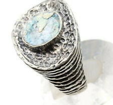  Roman Glass Silver 925 Big Ring Size:9 Ancient Fragment 200 B.C Bluish Patina. picture