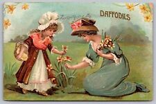 Daffodils Lady Little Girl Antique Embellished Postcard PM Houtz WOB Note DB picture