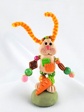 Vintage Handmade 3D Rabbit With Patches & Carrot Polymer Clay Easter Figurine picture
