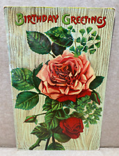 Postcard Happy Birthday Red Roses Blossoming Wood Background picture