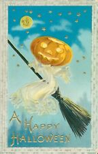 A Happy Halloween Postcard~34A~Antique~JOL Ghost Riding Broomstick~Moon~c1914 picture