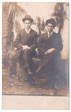 Studio Portrait c. 1906 Two Men Derby Bowler Hats Suits Palm Tree Backdrop RPPC picture