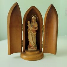 Vtg Italy Wooden Travel Shrine Blessed Virgin Mary & Baby Jesus 4” Religious picture