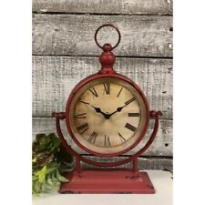 New Primitive Vintage Antique Style AGED RED MANTEL CLOCK Sit or Hang by hook picture