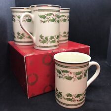 4 Vtg Konitz Coffee Mugs Cups Christmas Holly Gold Trim Porcelain Germany W-Box picture