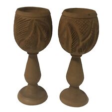 Vintage 2 - Olive Wood Hand Carved Chalices Goblets 4 3/4” Olivart Holy Land picture