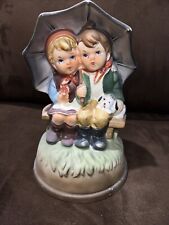 VTG Wind Up Music Box JAPAN Boy & Girl Under Umbrella With Dog “LOVE STORY” 7.5” picture