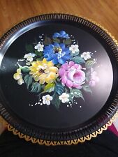 NASHCO Vtg Tole ware Serving Tray 15” Inch MCM Hand-painted Round Floral  Large picture
