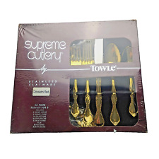 NOS 80s Towle Supreme Cutlery 50-Piece Gold Tone Flatware Set Dresden Rose 1982  picture