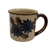 Vintage Brown Speckled Ceramic Coffee Mug Blue Flower Design Brown Handle picture