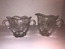 Vintage Glass Creamer & Sugar Set - Etched Clear Glass - Floral picture