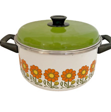 Vintage 1970s Enamelware Floral Orange Green Dutch Oven Clad 4qt Cooking Pot MOD picture