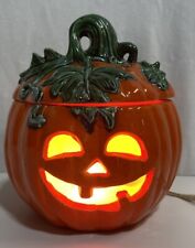 Vintage Ceramic Light Up Halloween Jack ‘O Lantern Pumpkin 8”wide x 9” Tall picture