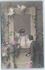 Postcard RPPC French Romantic Courting Couple Hand Tinted Bonjour Mademoiselle picture