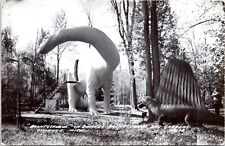 RPPC Brontosaurus, Domkes Dinosaur Gardens, Ossineke, Michigan- Photo Postcard picture