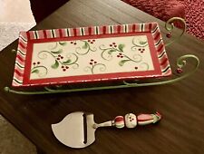 NEW Fitz & Floyd Ceramic Metal Christmas Cheese Tray Sleigh + Matching Knife picture