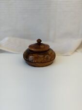 Vintage Hand-Carved Round Wooden Turned Trinket Box With Lid Stained picture