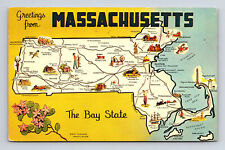 c1962 Pictorial Map Bird Flower Flag Greetings From Massachusetts MA Postcard picture