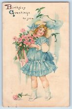 Birthday Postcard Greetings Pretty Girl Flowers Roses c1910's Posted Antique picture