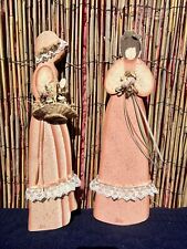 Vintage Wooden Figures Pilgrim Amish Women Handmade Lace, Basket & Flower Accent picture