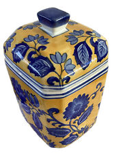 Vintage 1950’s Japanese Large Handmade Yellow With Royal Blue Floral Ceramic Jar picture