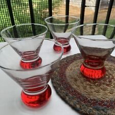 Vtg Stemless Martini Glasses Heavy Red Burgandy Striped Base Set 4~Barware~Gift picture