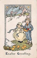 Antique Easter Card Fantasy Children Egg Basket Feeding Chicken Vtg Postcard W3 picture