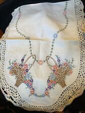 Vintage Handmade Embroidered Floral Basket Table Runner  With Crocheted Edging picture