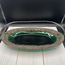 Japanese Ornate Metal and Sapphire Green Glass Basket Candy Dish Bowl W/ Handle picture