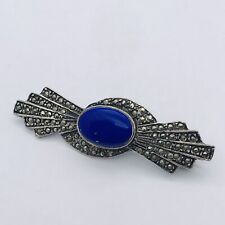 5.3g 925 STERLING SILVER PAVE MARCASITE LAPIS LAZULI ANTIQUE PIN BROOCH FINE picture