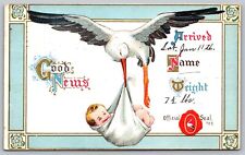 Good News Baby Birth Announcement Stork Flying 1913 Antique Posted Postcard H7 picture