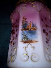 Victorian Satin Glass Hall Light Fixture Lamp Shade Pink White Guilded Painted picture