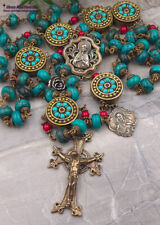 Lourdes Jesus St Therese Turquoise Coral Vintage Bronze Rosary picture