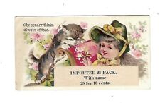 c1890's Stock Trade Card Victorian Girl & Cat, The Sender Thinks Always of Thee picture