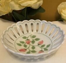 Andrea by Sadak Porcelain Trinket Dish Pink Rose Bud Reticulated Scalloped  NEW picture