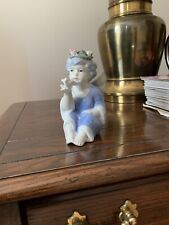 Vintage Whimsical Angel with dove, hand painted blue and white ceramic glaze picture